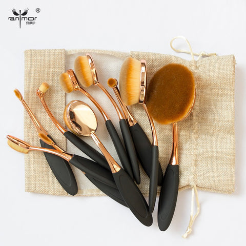 (Hot sale) Rose Gold 10 pcs/5 pcs Tooth Brush Shape Oval Makeup Brush Set MULTIPURPOSE Professional Foundation Powder Brush Kit with Bag