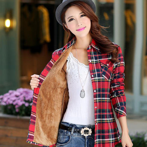 Tops Blusa Camisa Femininas Autumn winter warm cotton long-sleeved thick velvet women's plaid shirt  flannel  office shirts