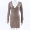 Big Sale Women Autumn Fashion Sexy Long Sleeve V-neck Front Zipper Knee-Length Pink Brown Bodycon Keep Warm Casual Dress S-XL