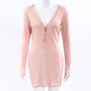 Big Sale Women Autumn Fashion Sexy Long Sleeve V-neck Front Zipper Knee-Length Pink Brown Bodycon Keep Warm Casual Dress S-XL